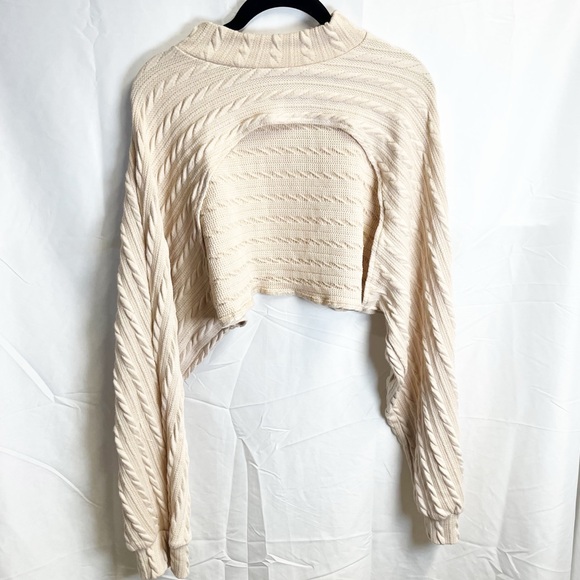 Sweaters - Beige Tan Knit Plus Size Cut Out Front Crop Shawl Sweater XL
